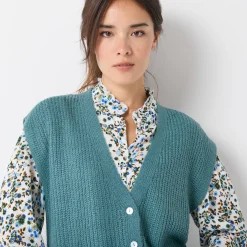 Trui En Vest<Blancheporte Mouwloos vest met knopen, patenttricot saliegroen