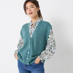 Trui En Vest<Blancheporte Mouwloos vest met knopen, patenttricot saliegroen
