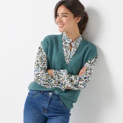 Trui En Vest<Blancheporte Mouwloos vest met knopen, patenttricot saliegroen