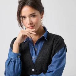 Trui En Vest<Blancheporte Mouwloos vest met knopen, patenttricot zwart