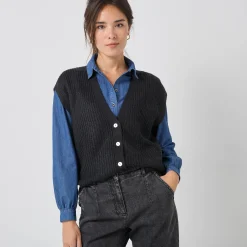 Trui En Vest<Blancheporte Mouwloos vest met knopen, patenttricot zwart