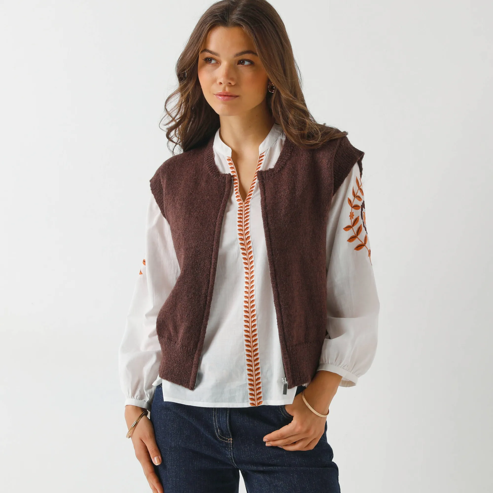 Trui En Vest<Blancheporte Mouwloos vest met rits chocolade
