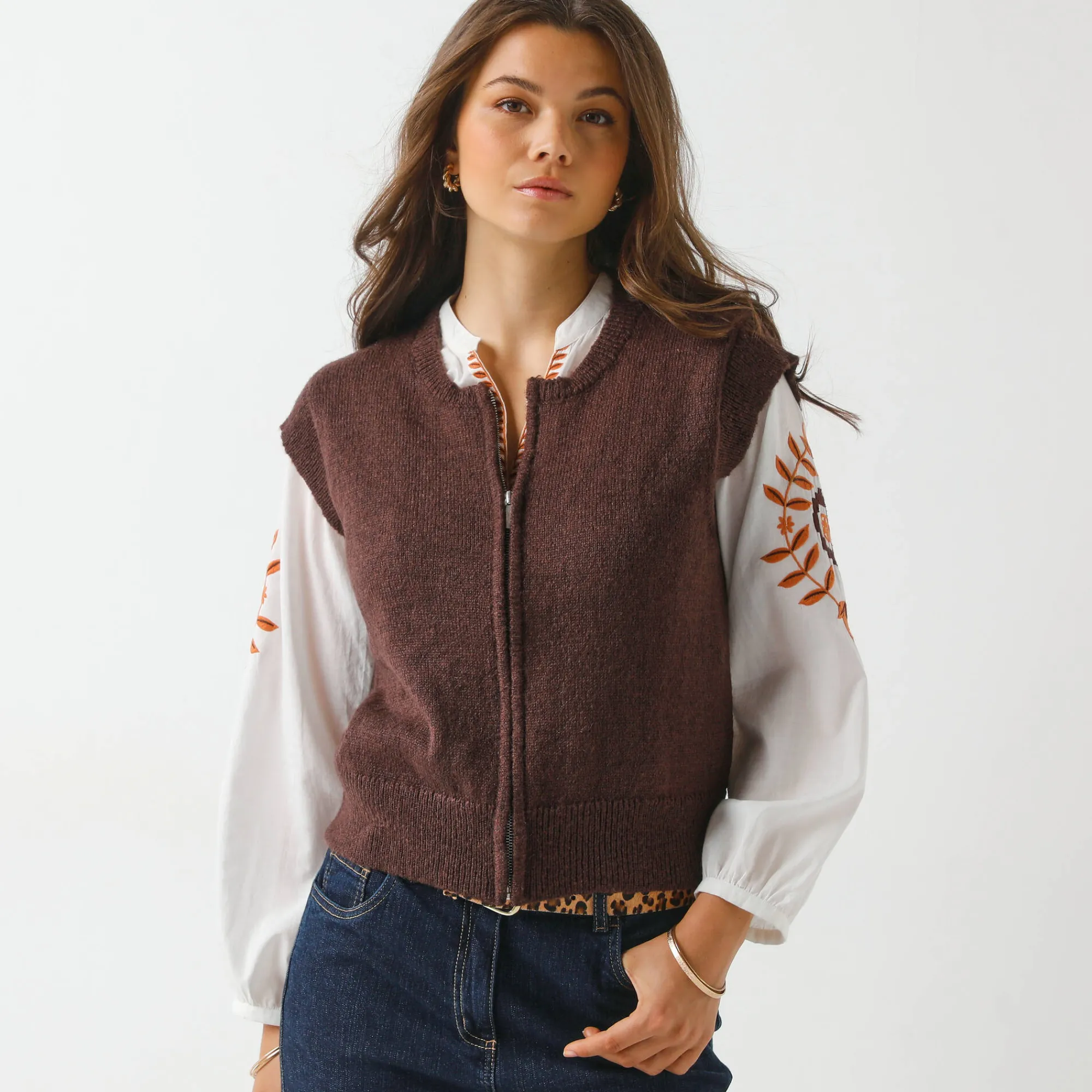 Trui En Vest<Blancheporte Mouwloos vest met rits chocolade