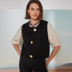 Trui En Vest<Blancheporte Mouwloos vest met zachte touch, goudkleurige knopen zwart