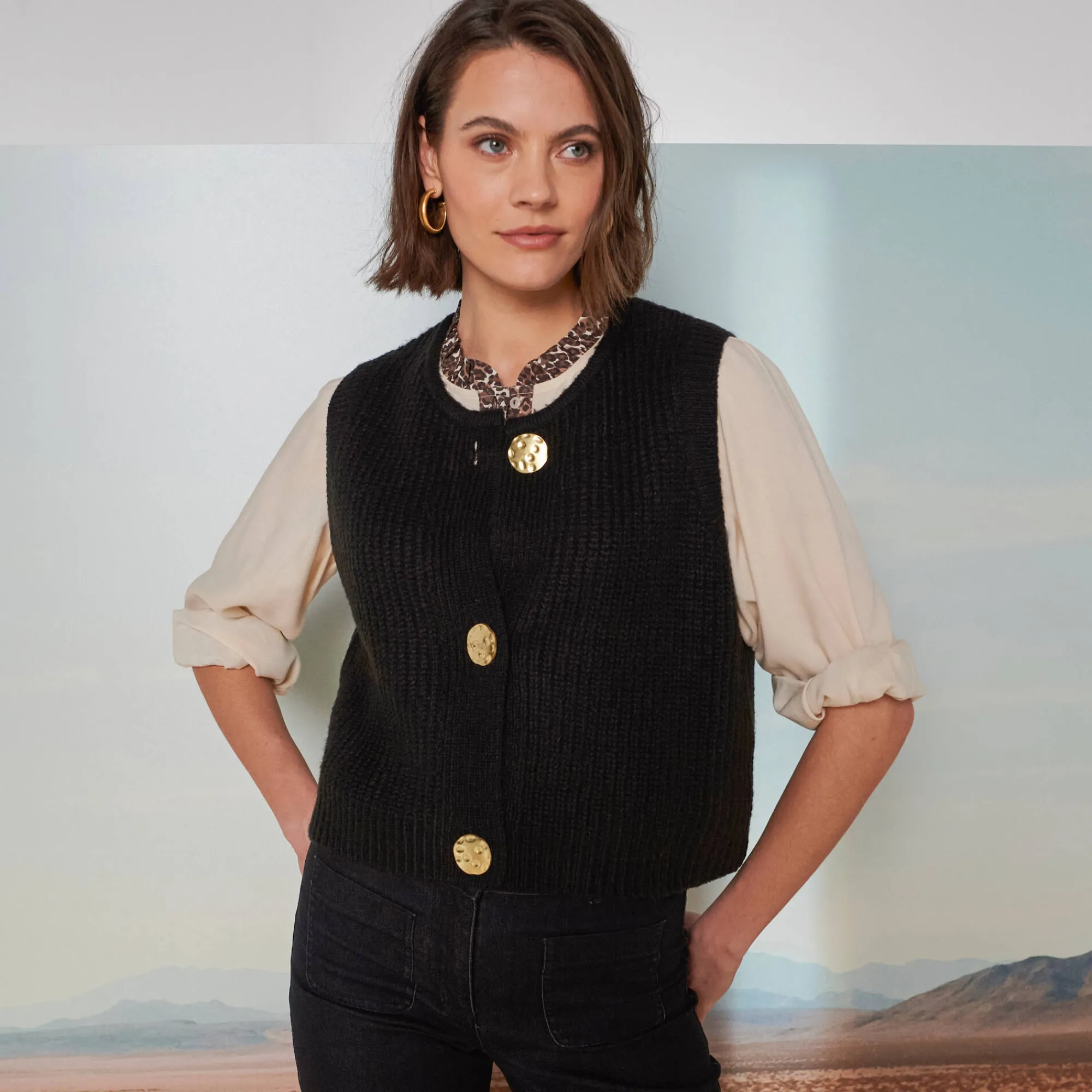 Trui En Vest<Blancheporte Mouwloos vest met zachte touch, goudkleurige knopen zwart