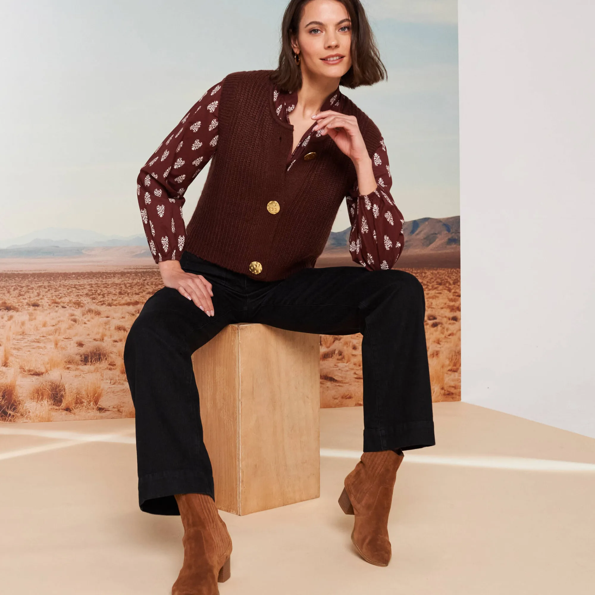 Trui En Vest<Blancheporte Mouwloos vest met zachte touch, goudkleurige knopen chocolade