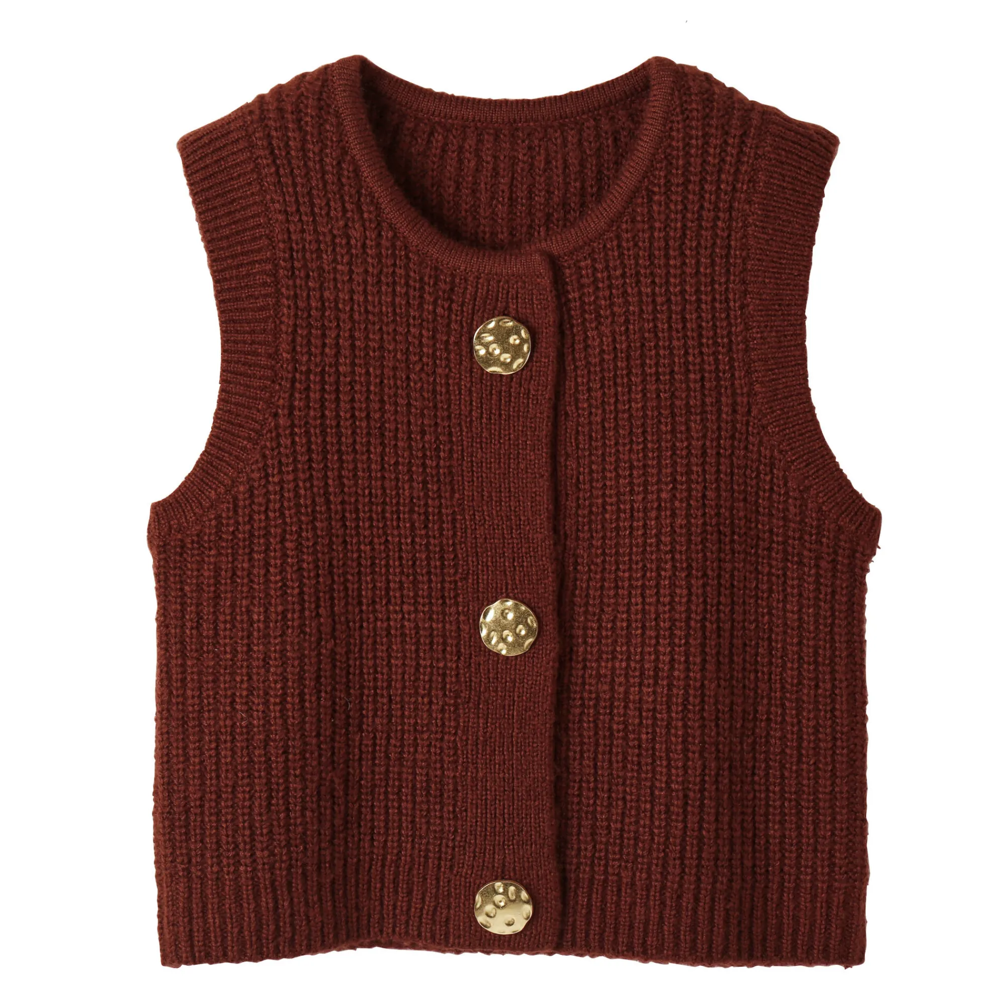 Trui En Vest<Blancheporte Mouwloos vest met zachte touch, goudkleurige knopen chocolade
