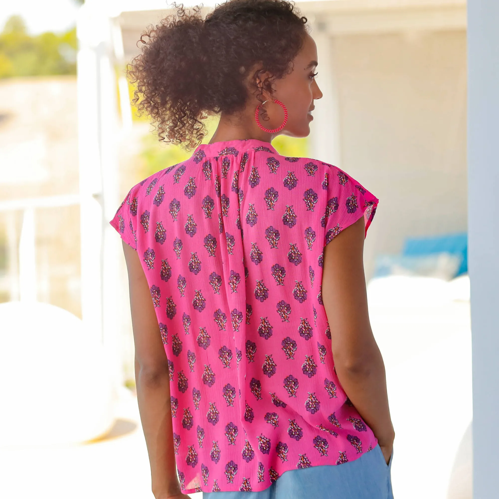 Bloes En Tuniek<Blancheporte Mouwloze, bedrukte bloes, crepon roze