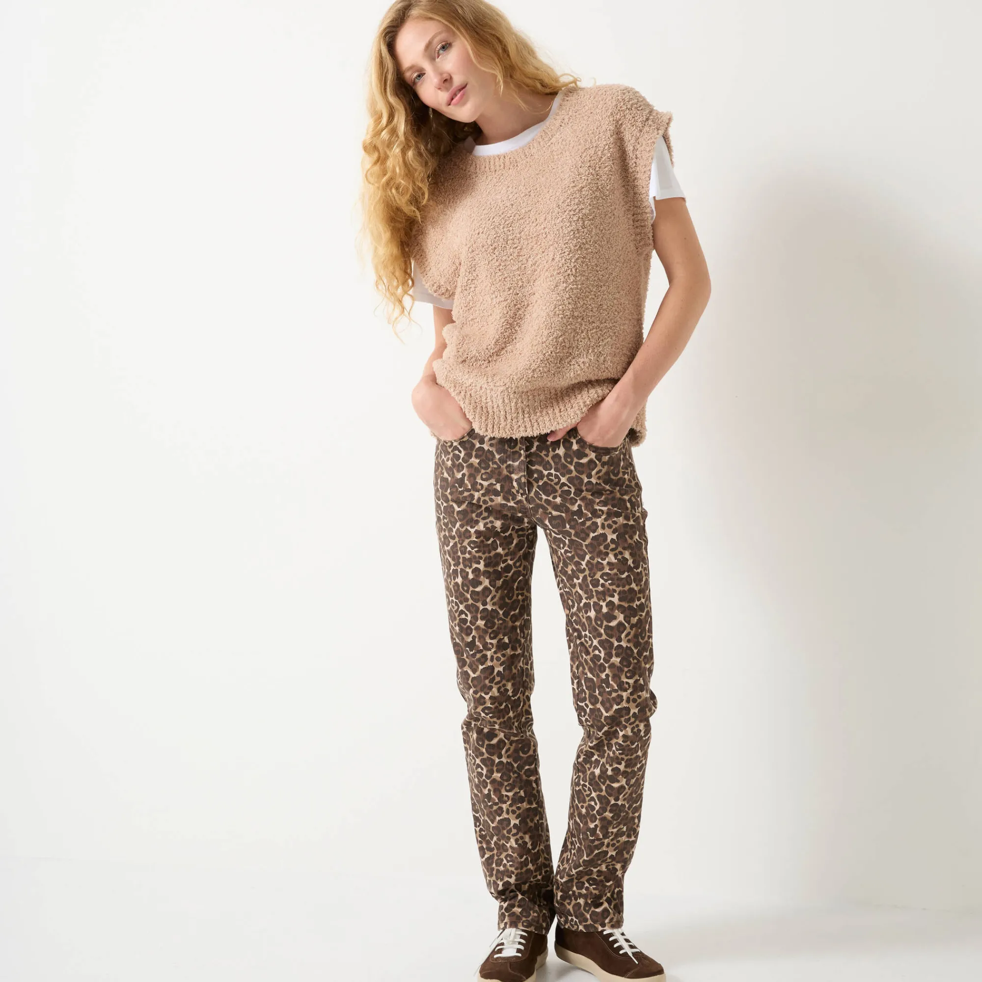 Trui En Vest<Blancheporte Mouwloze trui in lusjestricot, afhangende schouders beige