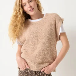 Trui En Vest<Blancheporte Mouwloze trui in lusjestricot, afhangende schouders beige