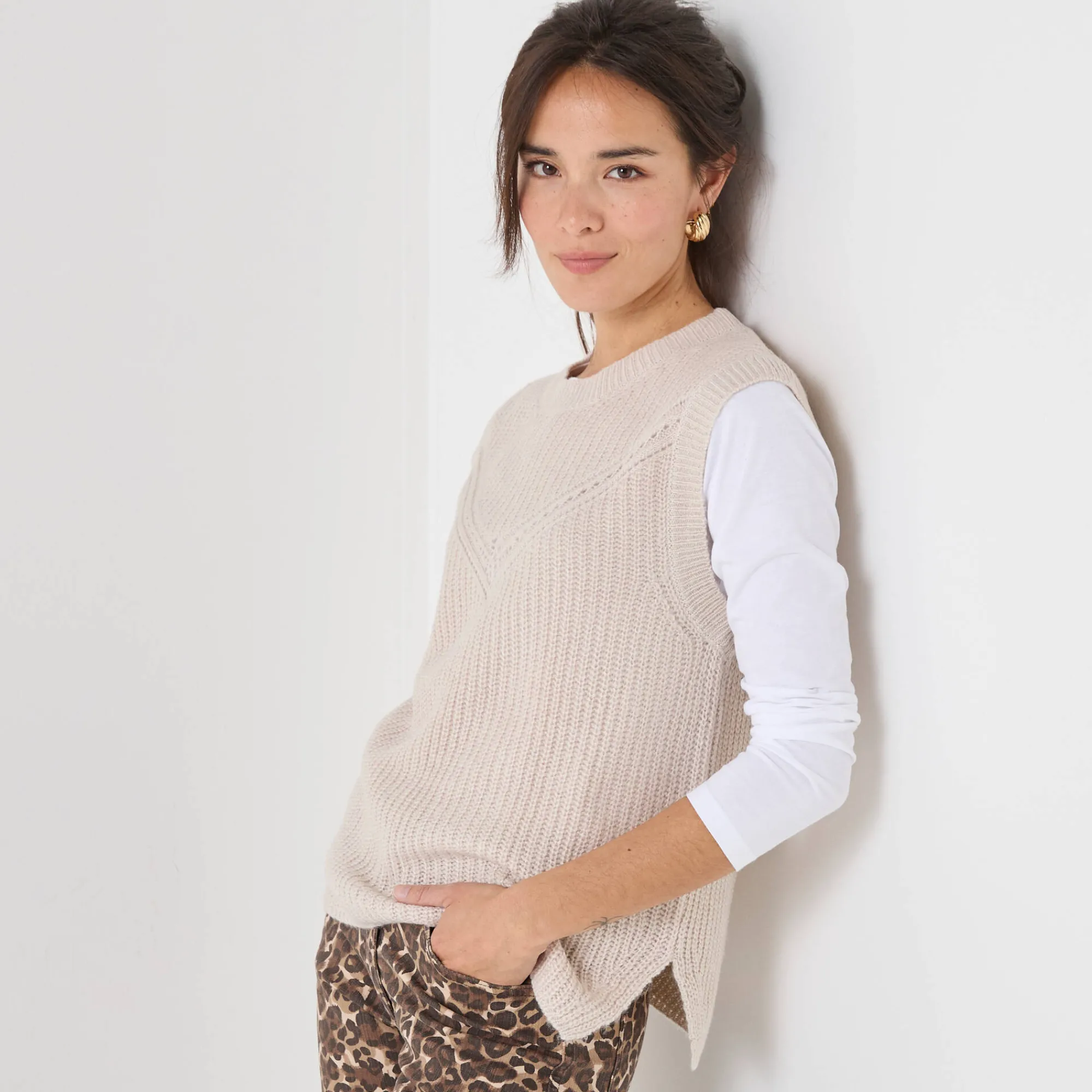 Trui En Vest<Blancheporte Mouwloze trui in origineel patenttricot chiné beige
