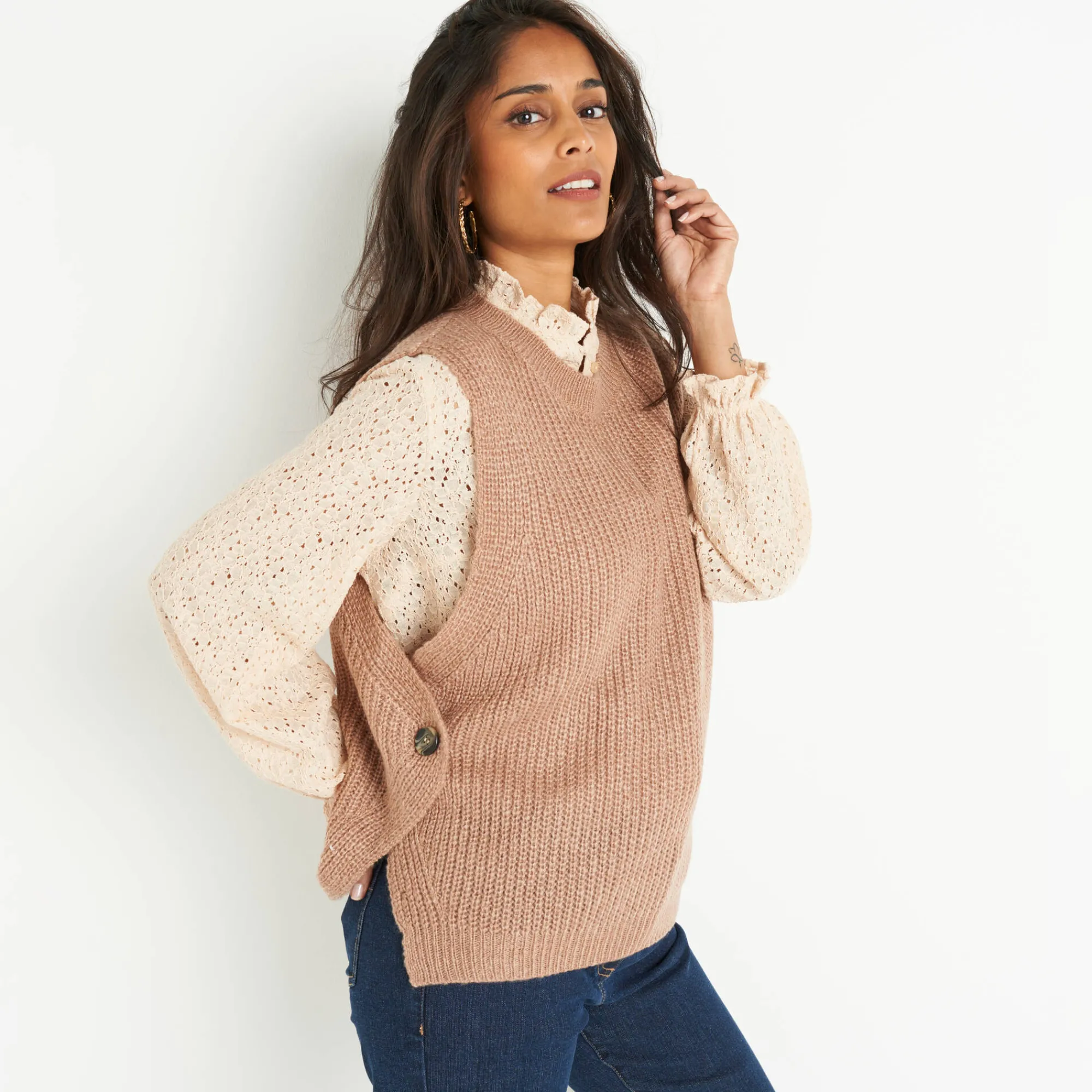 Trui En Vest<Blancheporte Mouwloze trui in tricot chiné taupe