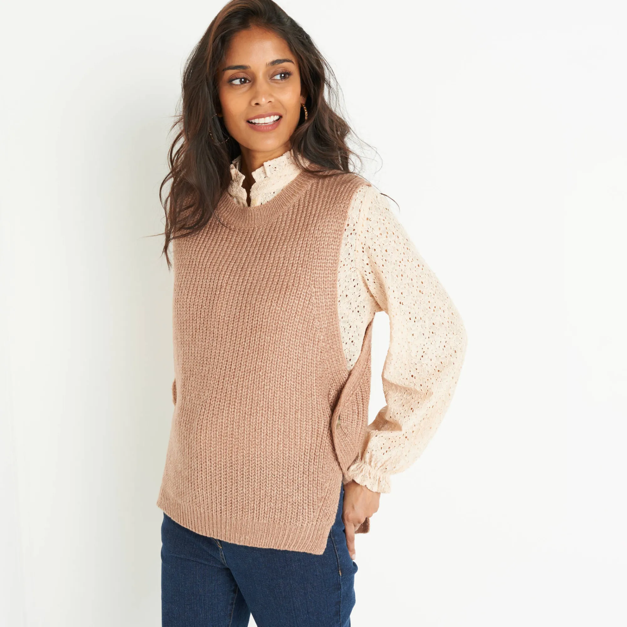 Trui En Vest<Blancheporte Mouwloze trui in tricot chiné taupe
