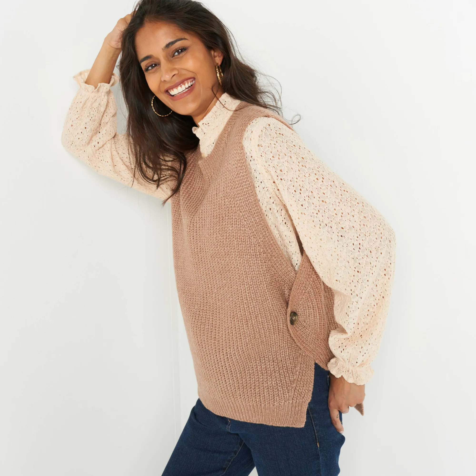 Trui En Vest<Blancheporte Mouwloze trui in tricot chiné taupe