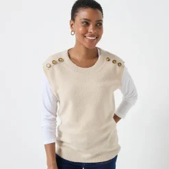 Trui En Vest<Blancheporte Mouwloze trui, knopen op de schouders chiné beige