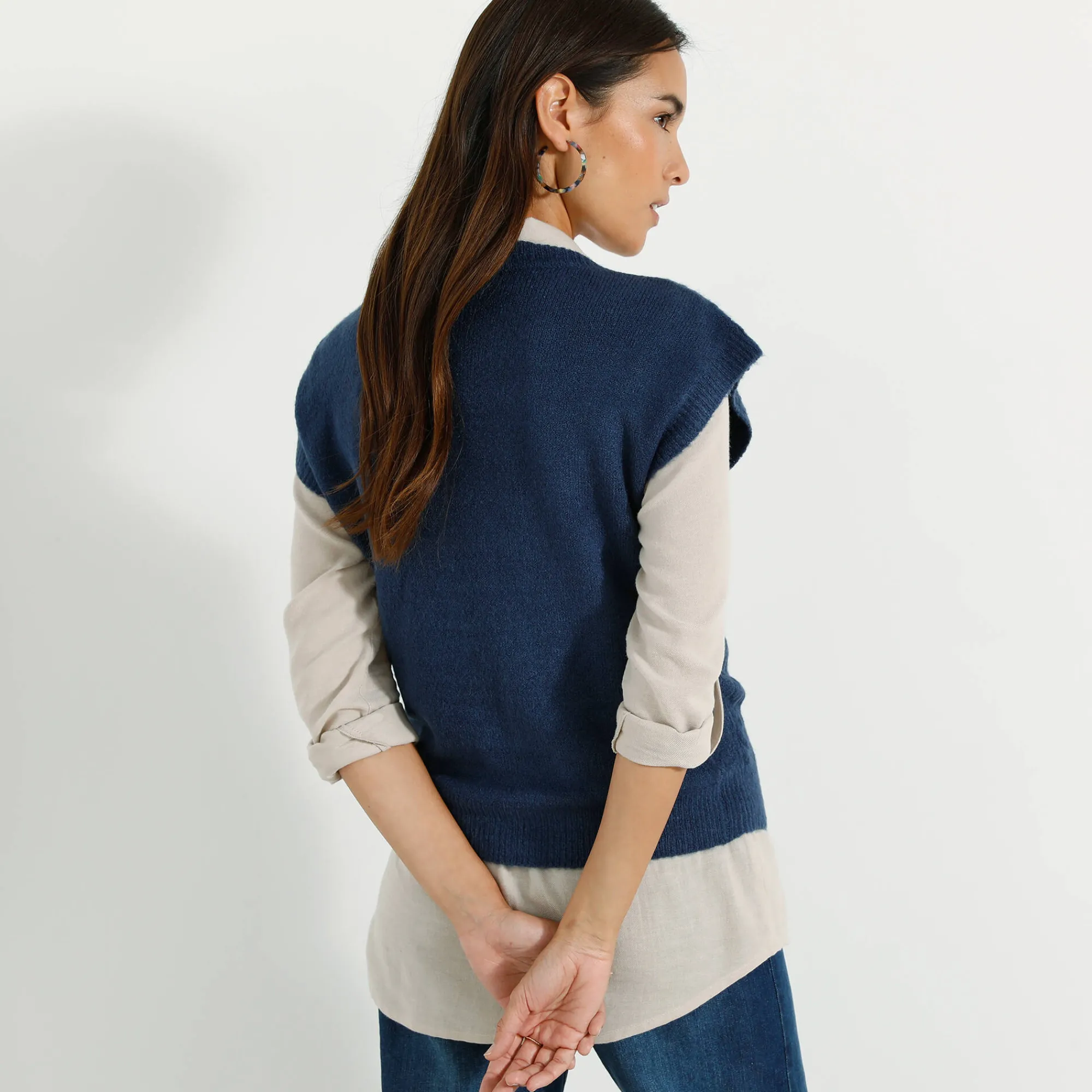 Trui En Vest<Blancheporte Mouwloze trui met kabelmotieven en afhangende schouders marine