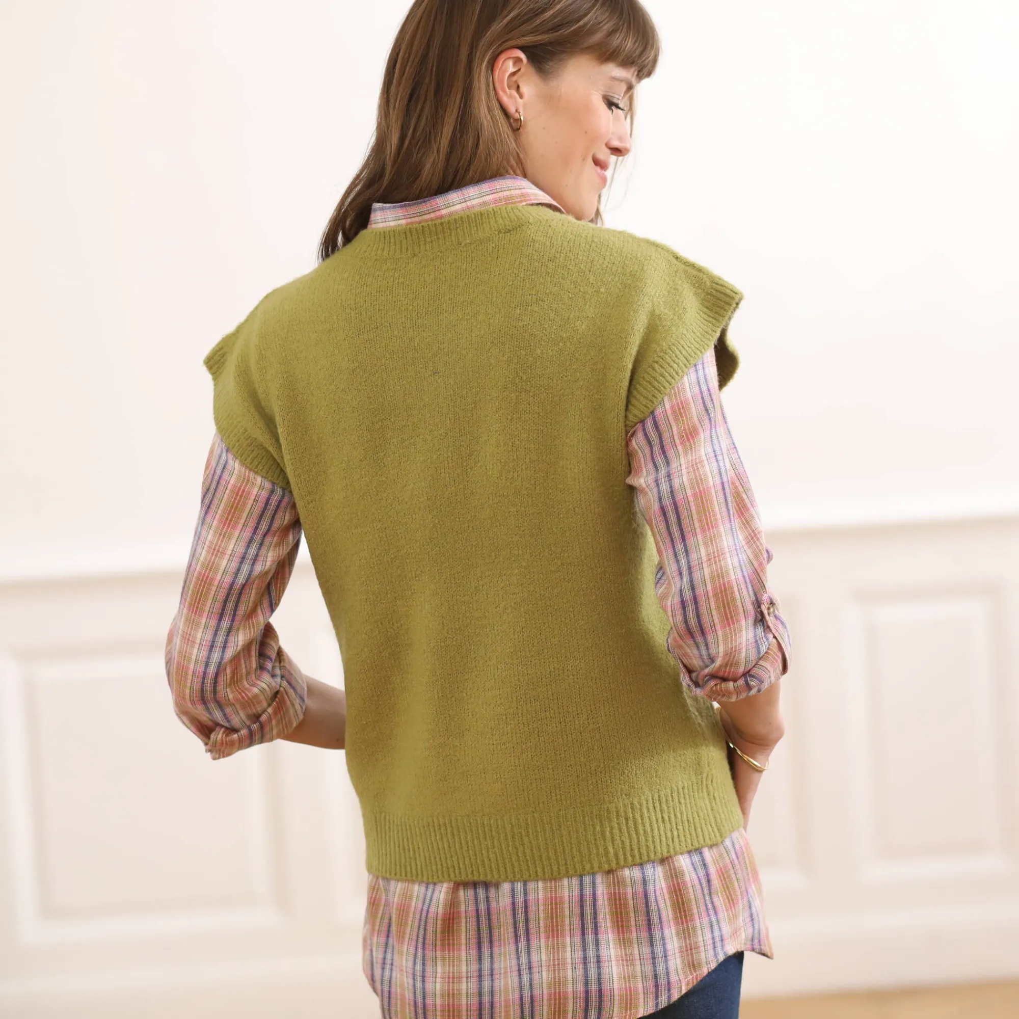 Trui En Vest<Blancheporte Mouwloze trui met kabelmotieven en afhangende schouders mosgroen
