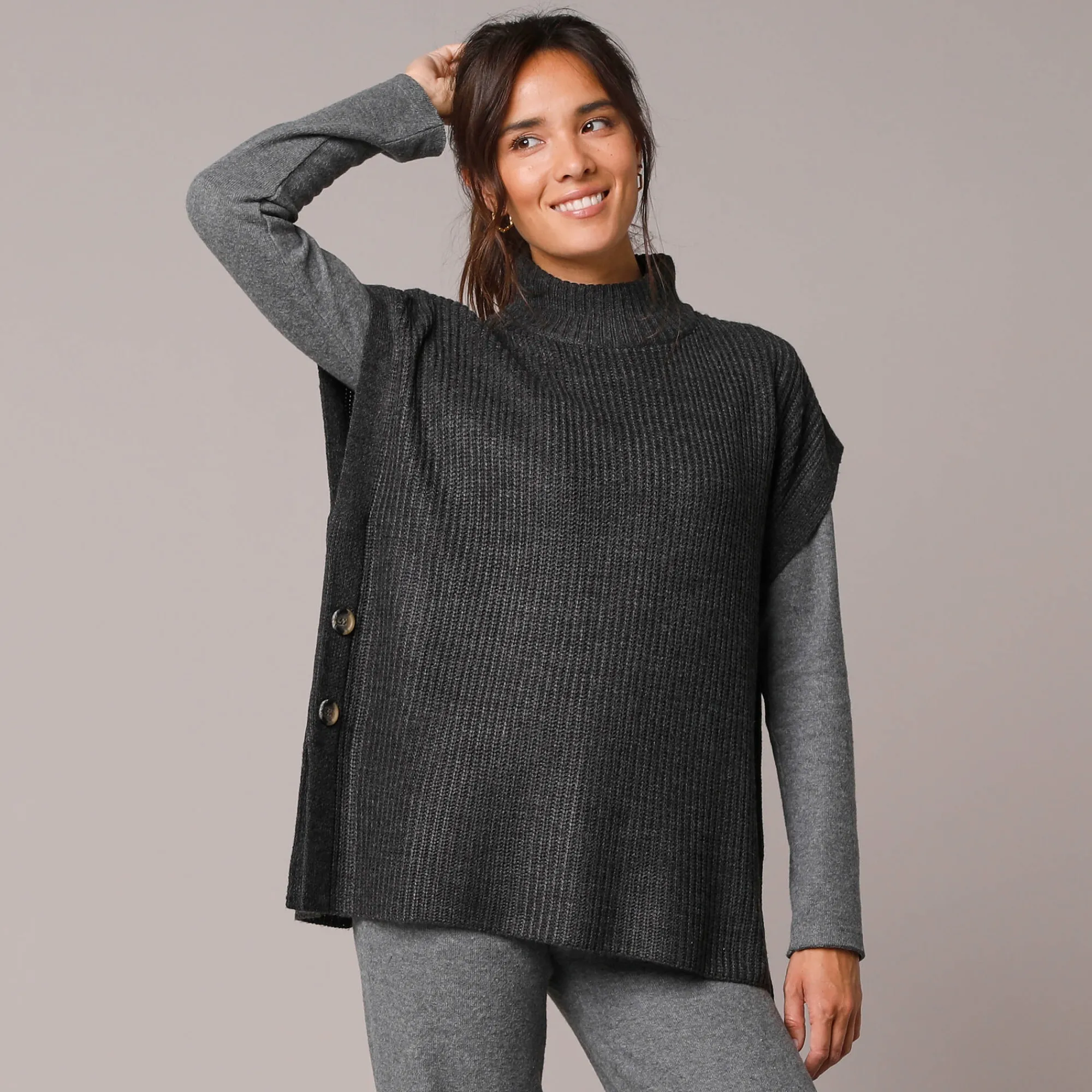 Trui En Vest<Blancheporte Mouwloze trui met opstaande kraag, pareltricot chiné antraciet