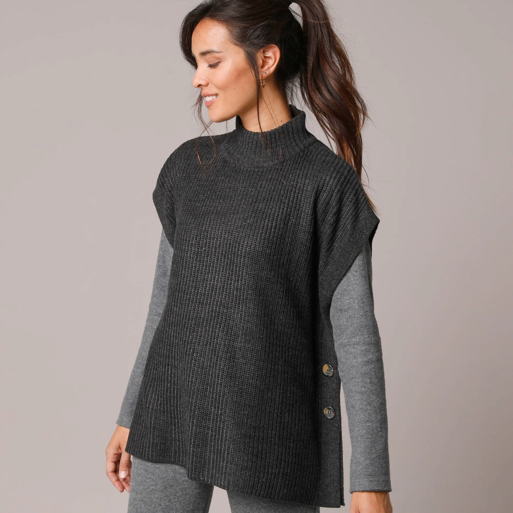 Trui En Vest<Blancheporte Mouwloze trui met opstaande kraag, pareltricot chiné antraciet