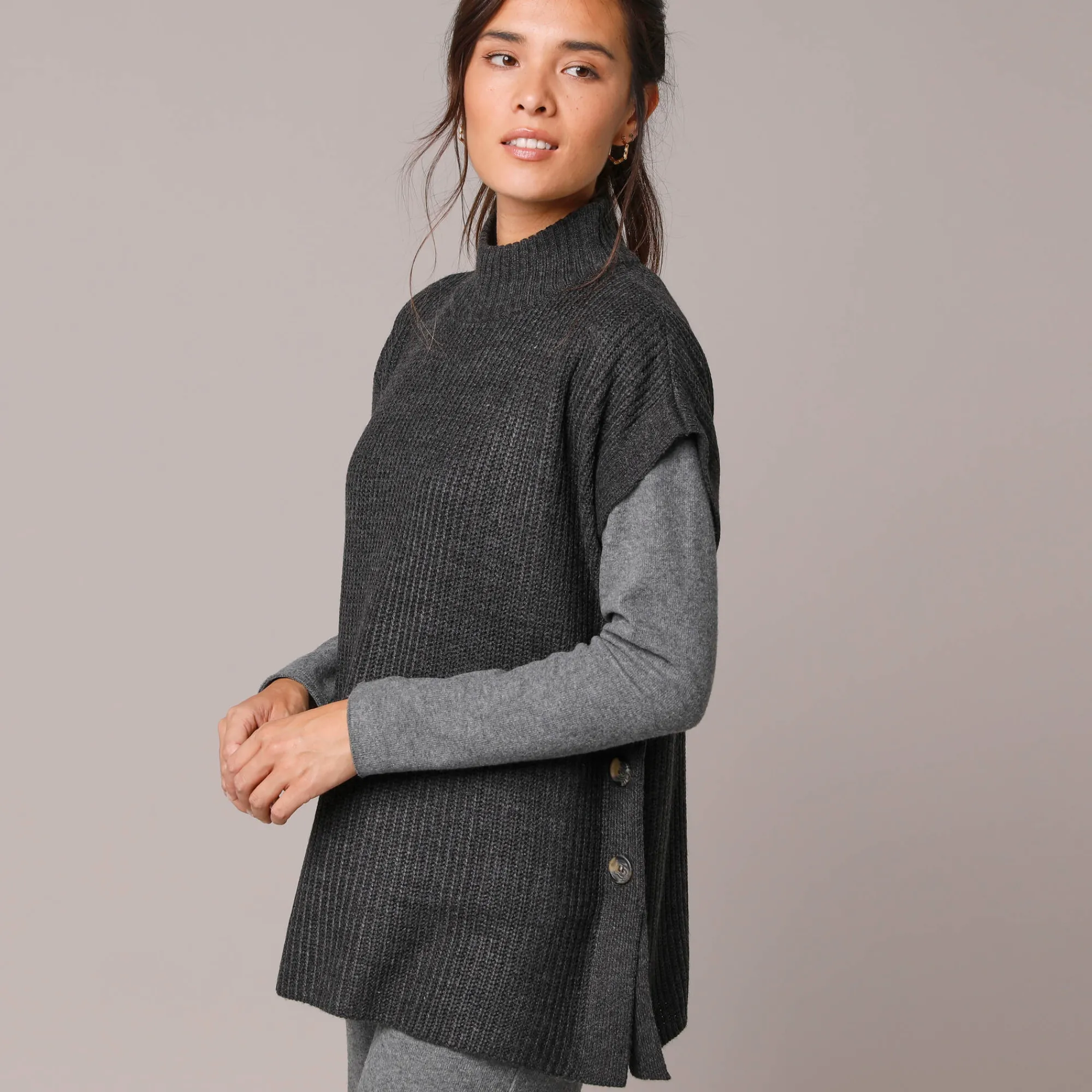 Trui En Vest<Blancheporte Mouwloze trui met opstaande kraag, pareltricot chiné antraciet