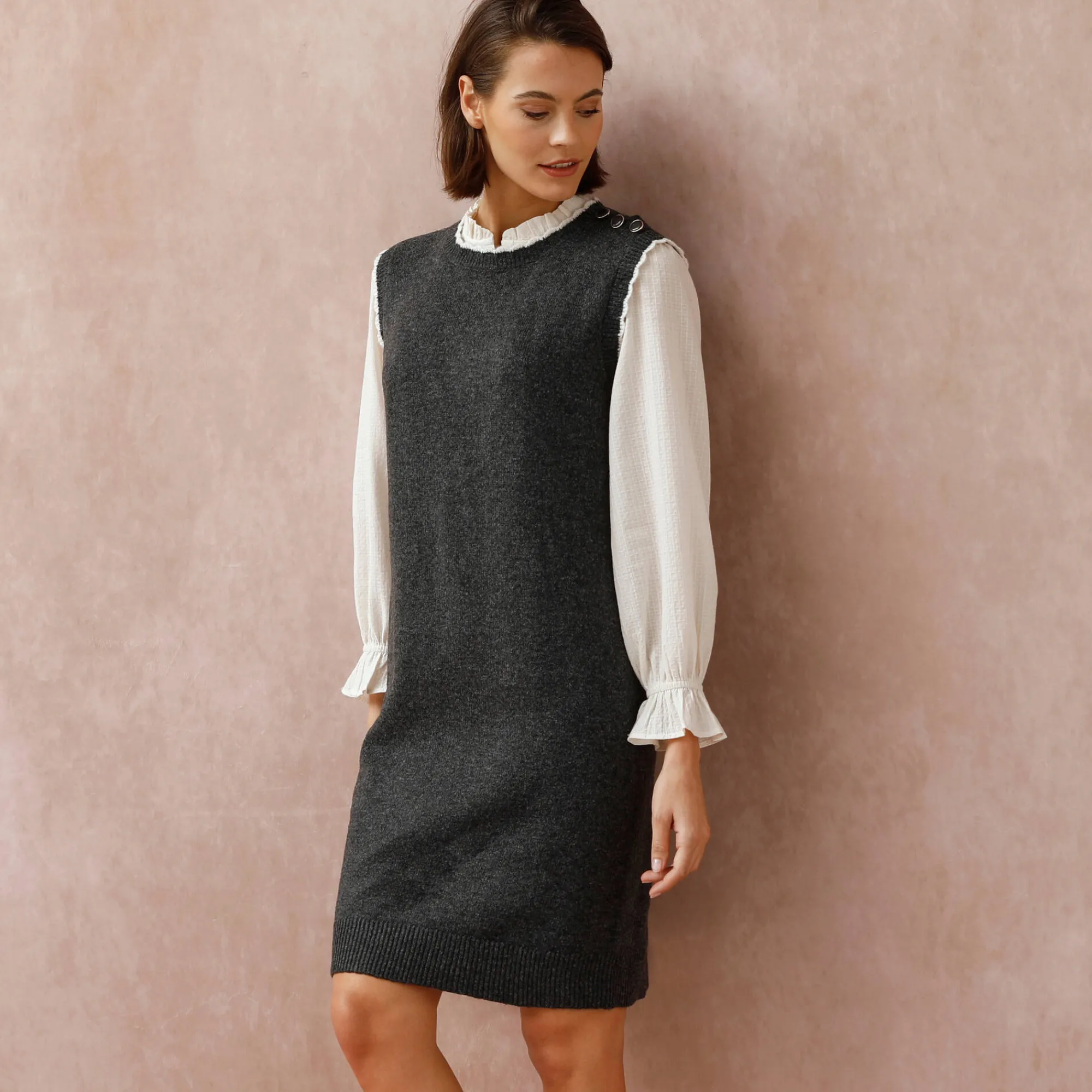 Jurk<Blancheporte Mouwloze trui-jurk, contrasterende afwerking chiné antraciet
