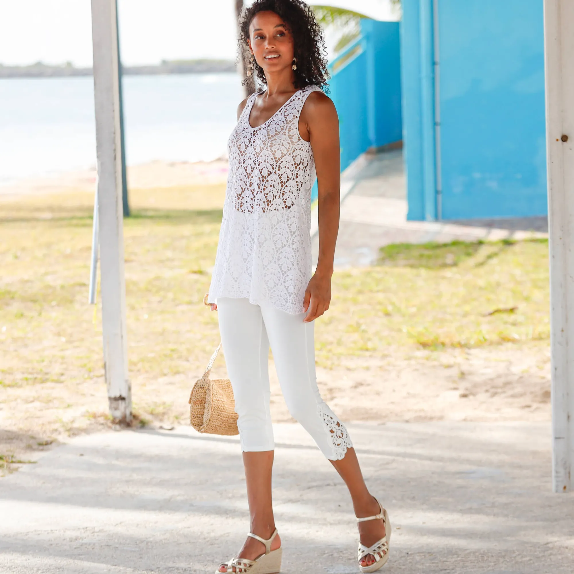 T-Shirt En Topje<Blancheporte Mouwloze tuniek, macramé wit
