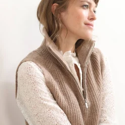 Trui En Vest<Blancheporte Mouwloze tuniektrui in ribbels, opstaande ritskraag chiné beige
