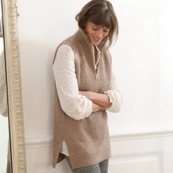 Trui En Vest<Blancheporte Mouwloze tuniektrui in ribbels, opstaande ritskraag chiné beige