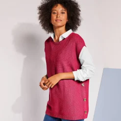 Trui En Vest<Blancheporte Mouwloze tuniektrui met knopen in hoornstijl, fantasietricot framboos