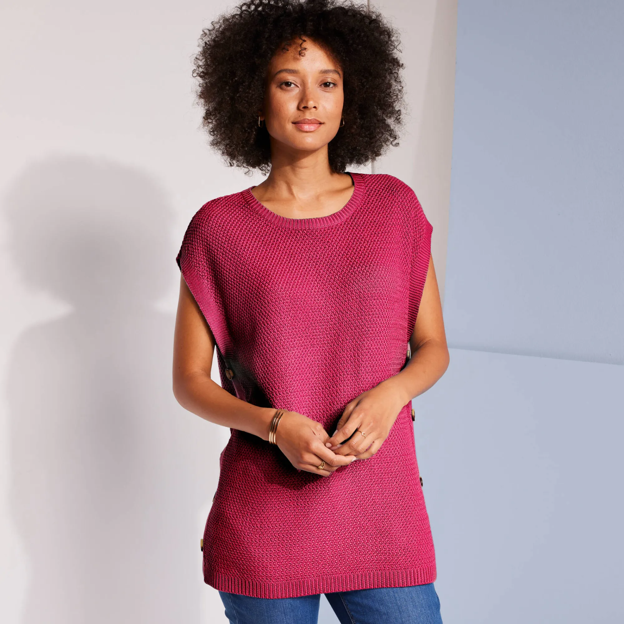 Trui En Vest<Blancheporte Mouwloze tuniektrui met knopen in hoornstijl, fantasietricot framboos