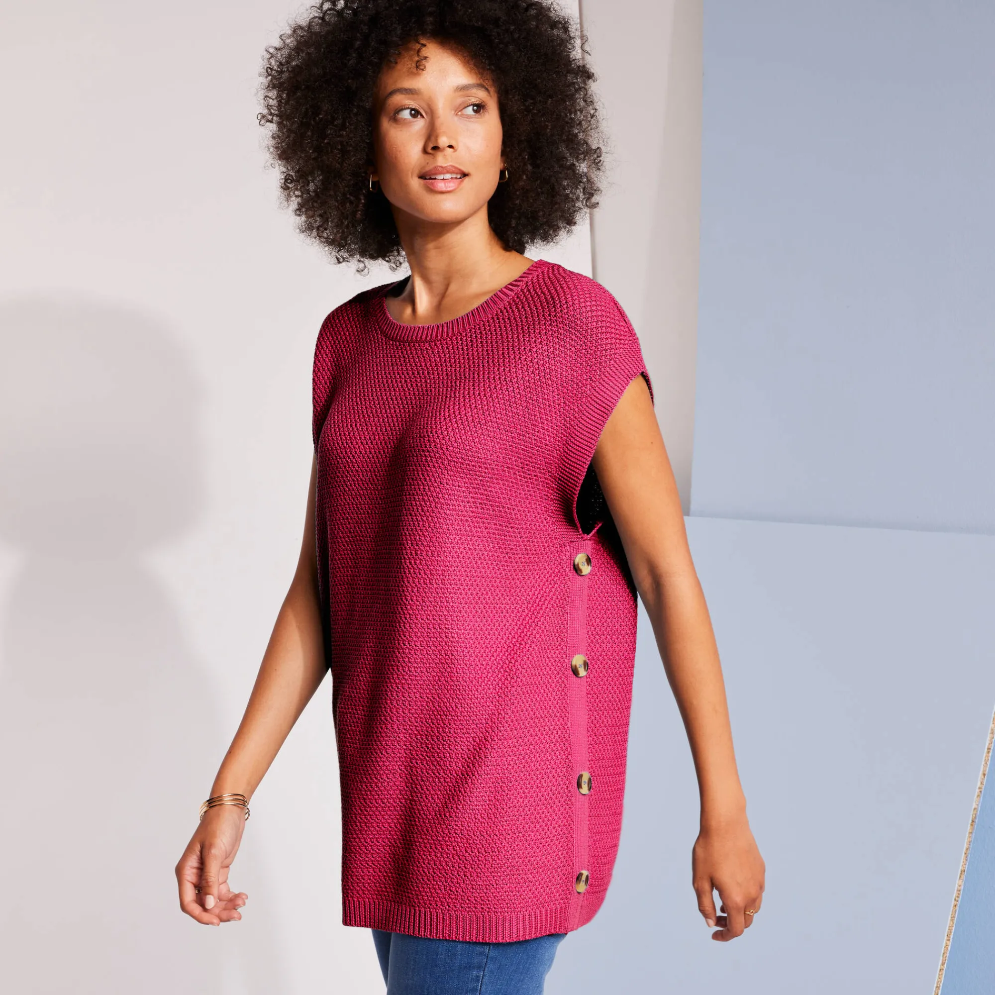 Trui En Vest<Blancheporte Mouwloze tuniektrui met knopen in hoornstijl, fantasietricot framboos