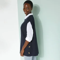 Trui En Vest<Blancheporte Mouwloze tuniektrui met knopen in hoornstijl, fantasietricot marine