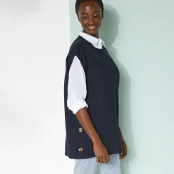 Trui En Vest<Blancheporte Mouwloze tuniektrui met knopen in hoornstijl, fantasietricot marine