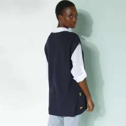Trui En Vest<Blancheporte Mouwloze tuniektrui met knopen in hoornstijl, fantasietricot marine