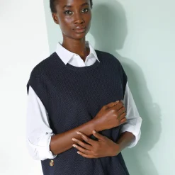 Trui En Vest<Blancheporte Mouwloze tuniektrui met knopen in hoornstijl, fantasietricot marine
