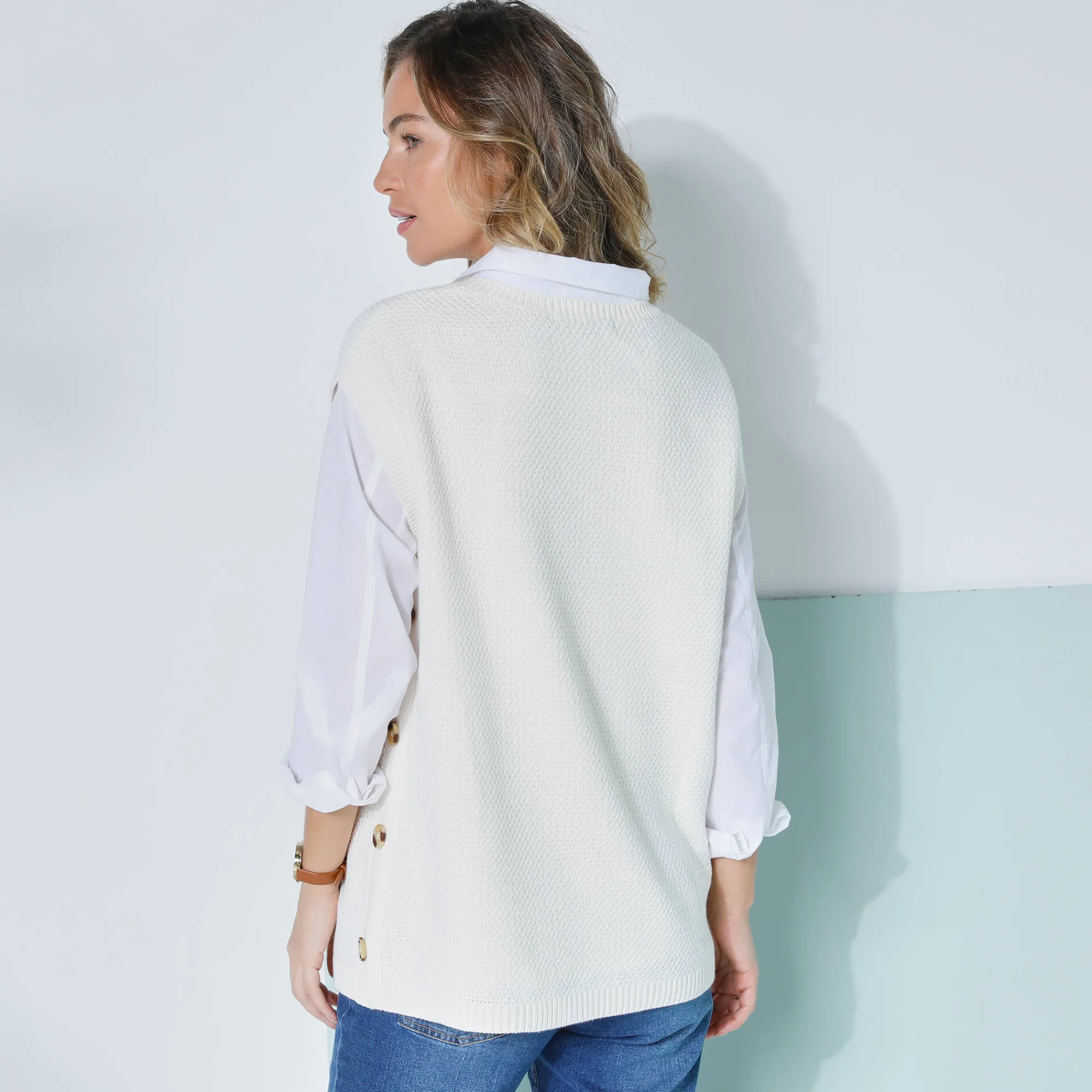 Trui En Vest<Blancheporte Mouwloze tuniektrui met knopen in hoornstijl, fantasietricot ecru
