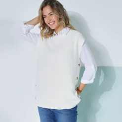 Trui En Vest<Blancheporte Mouwloze tuniektrui met knopen in hoornstijl, fantasietricot ecru
