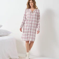 Nachthemd<Blancheporte Nachthemd in liketmodel met knopen vooraan en ruitjesmotief ecru / roze