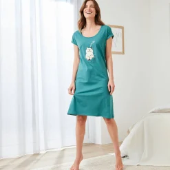 Nachthemd<Blancheporte Nachthemd met korte mouwen en "poes" motief celadon