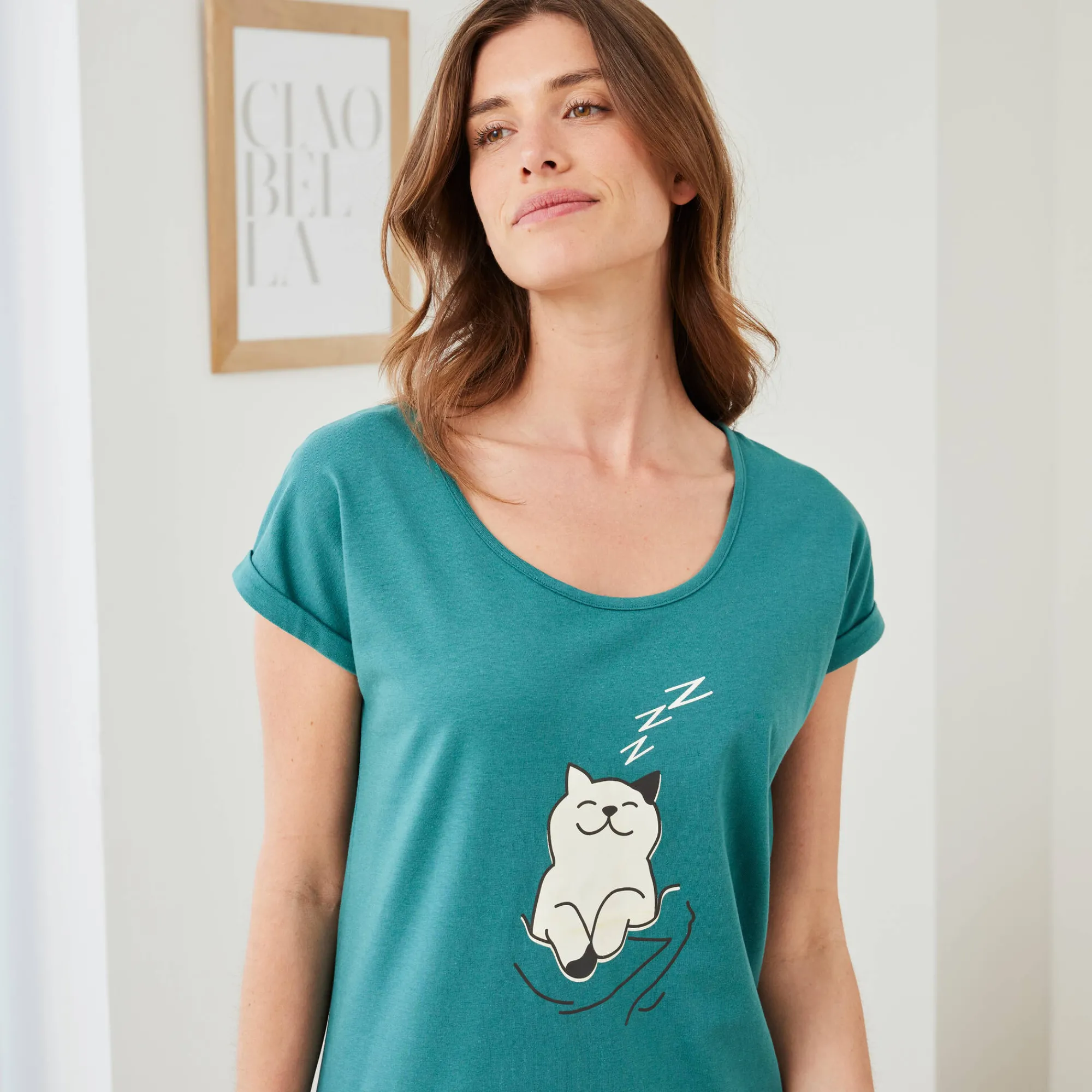 Nachthemd<Blancheporte Nachthemd met korte mouwen en "poes" motief celadon
