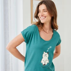 Nachthemd<Blancheporte Nachthemd met korte mouwen en "poes" motief celadon