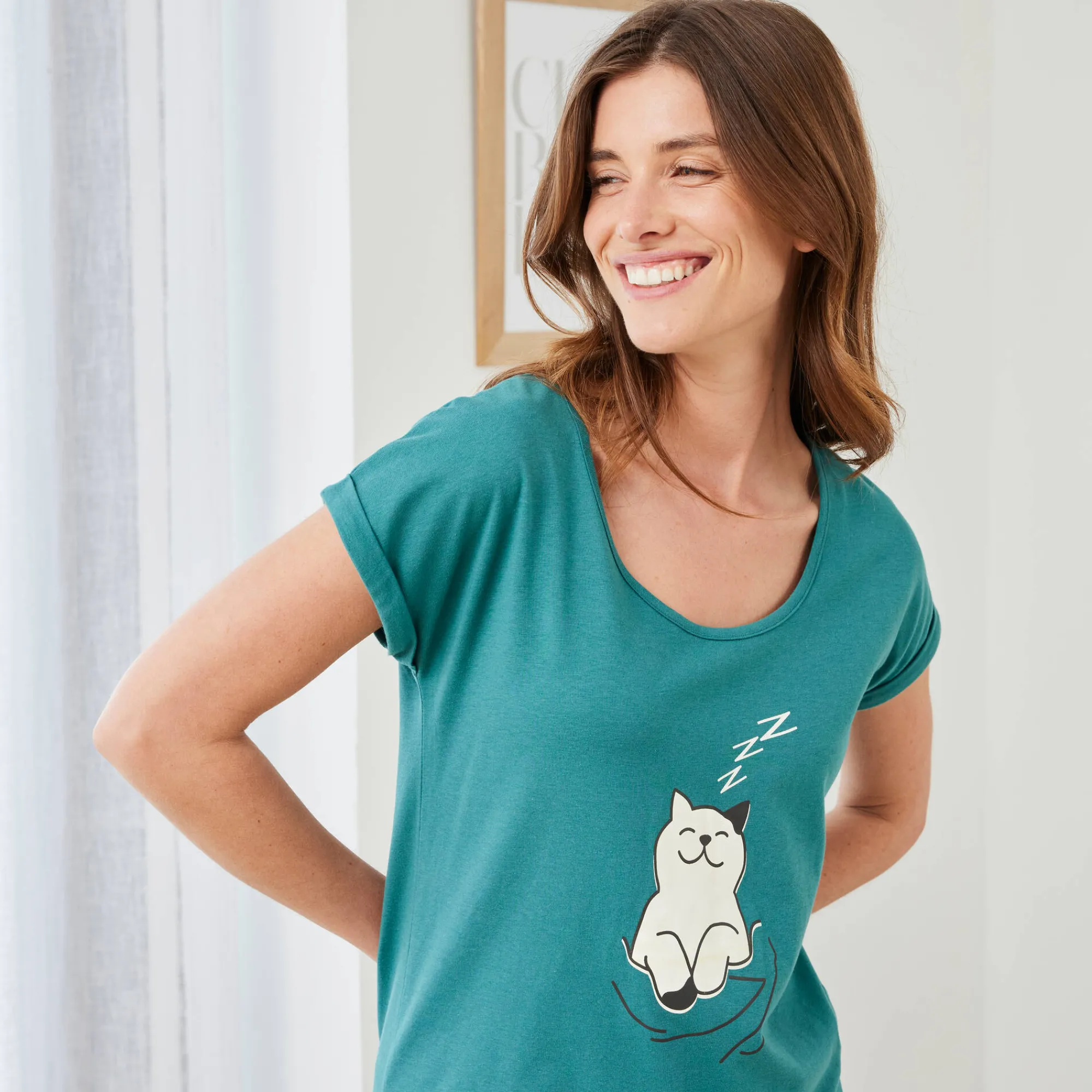 Nachthemd<Blancheporte Nachthemd met korte mouwen en "poes" motief celadon