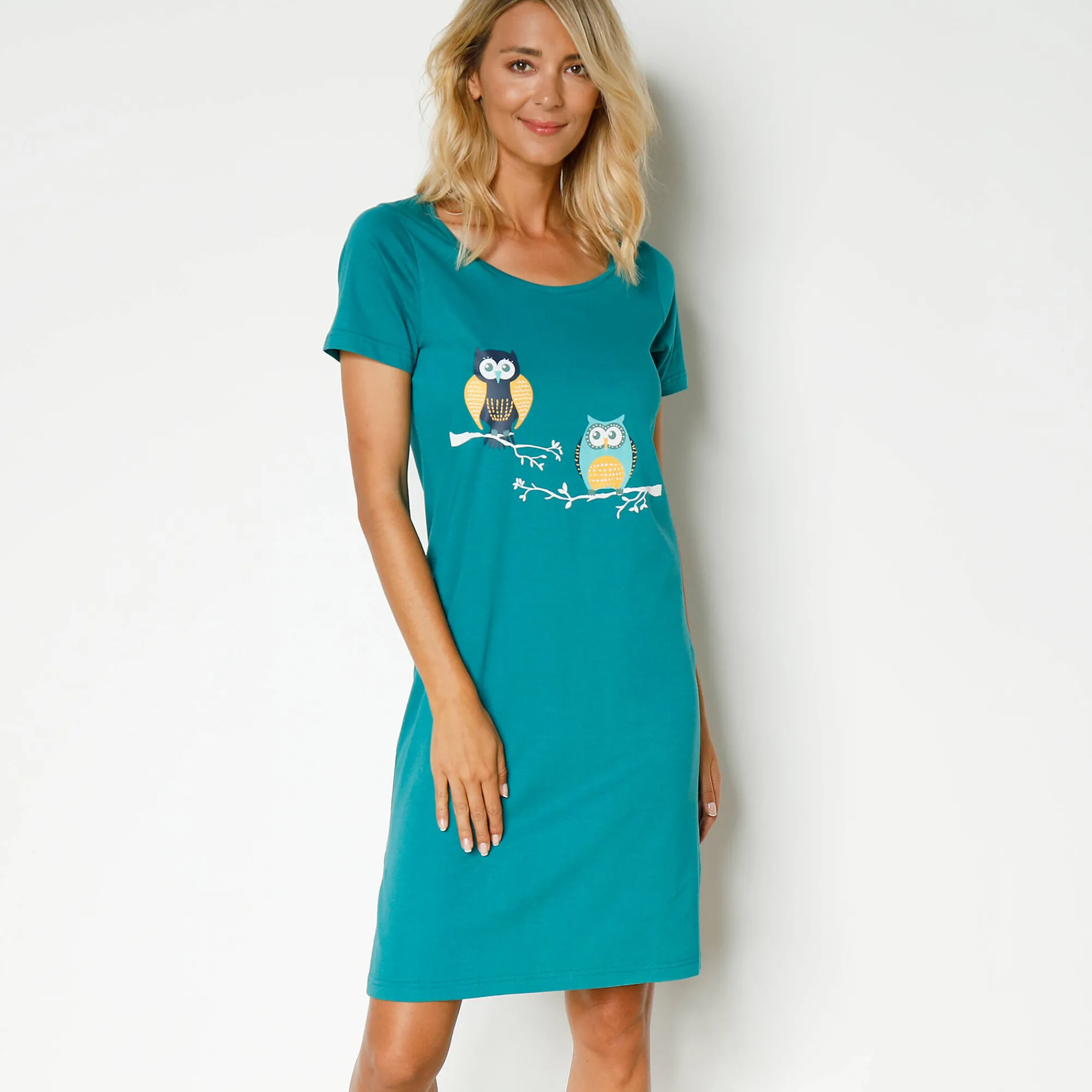 Nachthemd<Blancheporte Nachthemd met korte mouwen en uilenprint dennengroen