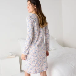 Nachthemd<Blancheporte Nachthemd met lange mouw en en 'vogel' print ecru / blauw