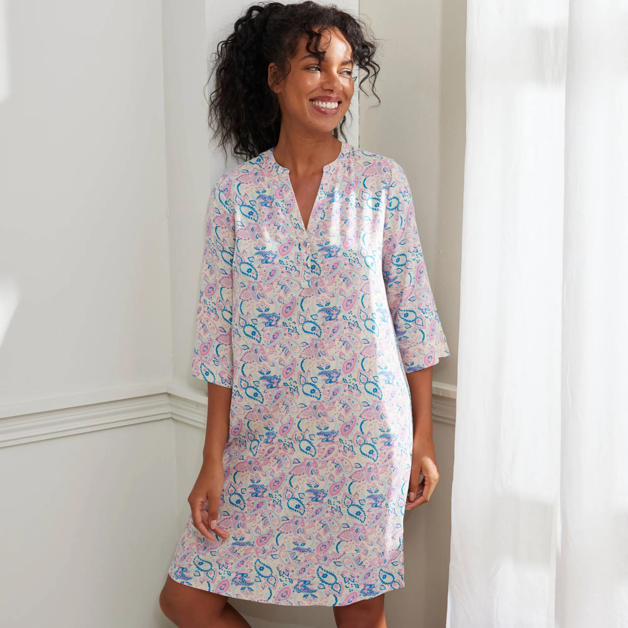 Nachthemd<Blancheporte Nachthemd met 3/4-mouwen, kasjmierprint ecru / roze