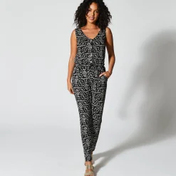 Broek<Blancheporte Nauwsluitende broek in soepel, bedrukt tricot, elastische taille zwart / ecru