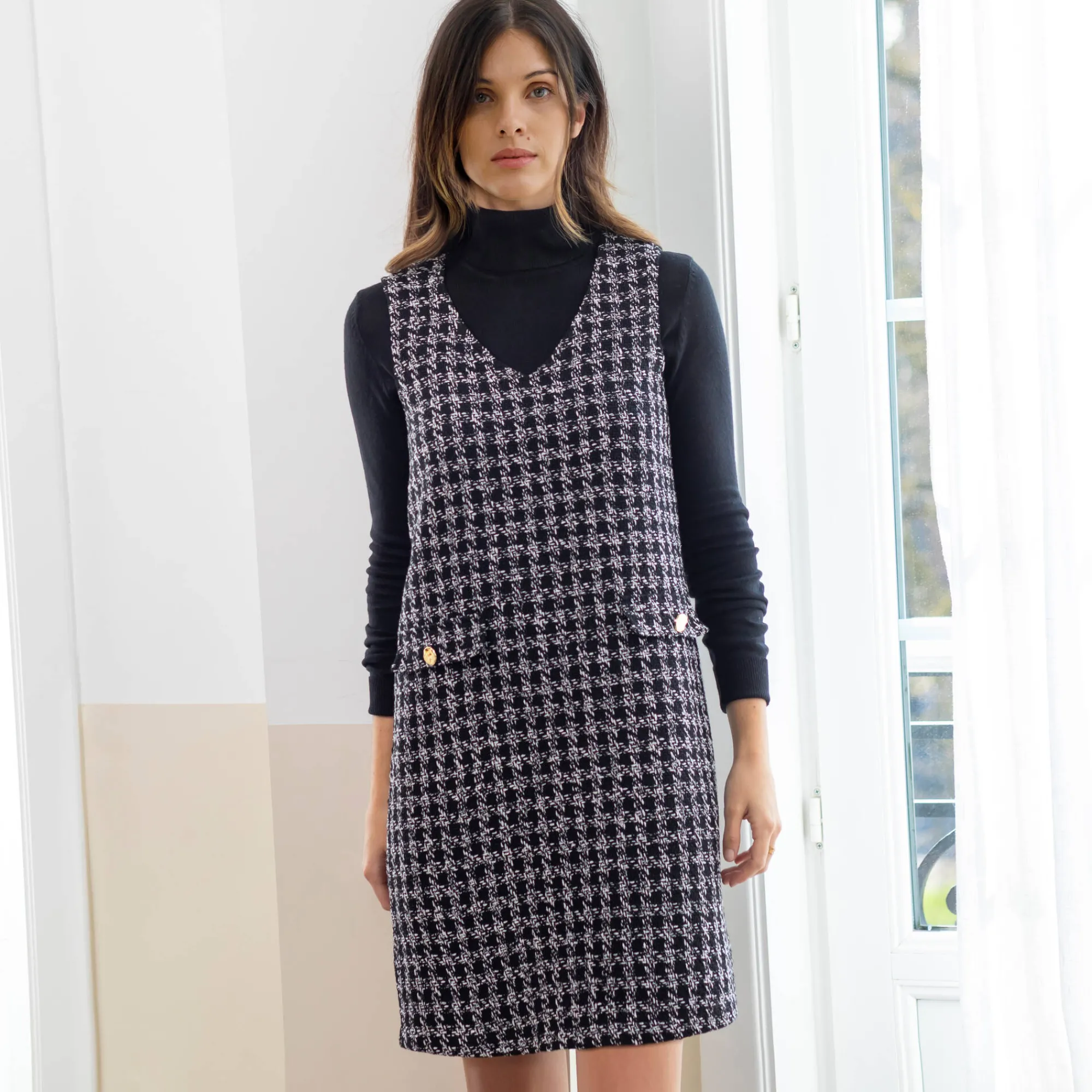 Jurk<Blancheporte Overgooierjurk, in tweed zwart / ecru