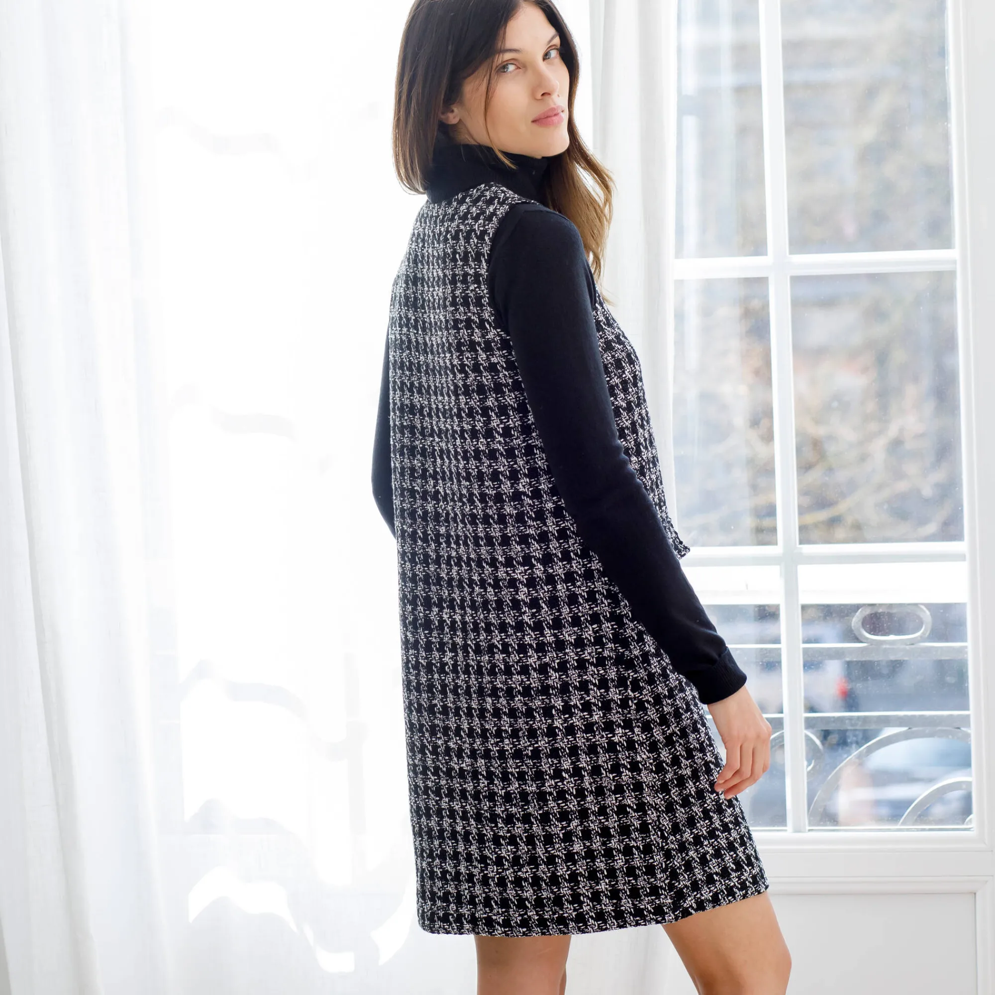 Jurk<Blancheporte Overgooierjurk, in tweed zwart / ecru