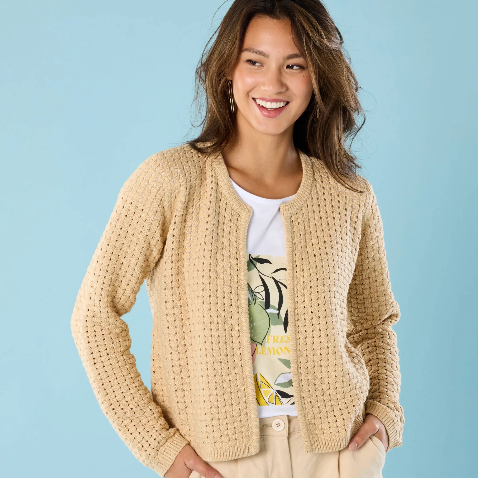 Trui En Vest<Blancheporte Paletotvest in fantasietricot, Kleine Lengtes zandkleur