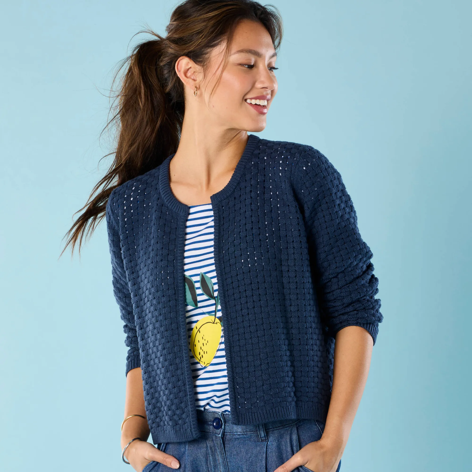 Trui En Vest<Blancheporte Paletotvest in fantasietricot, Kleine Lengtes indigo